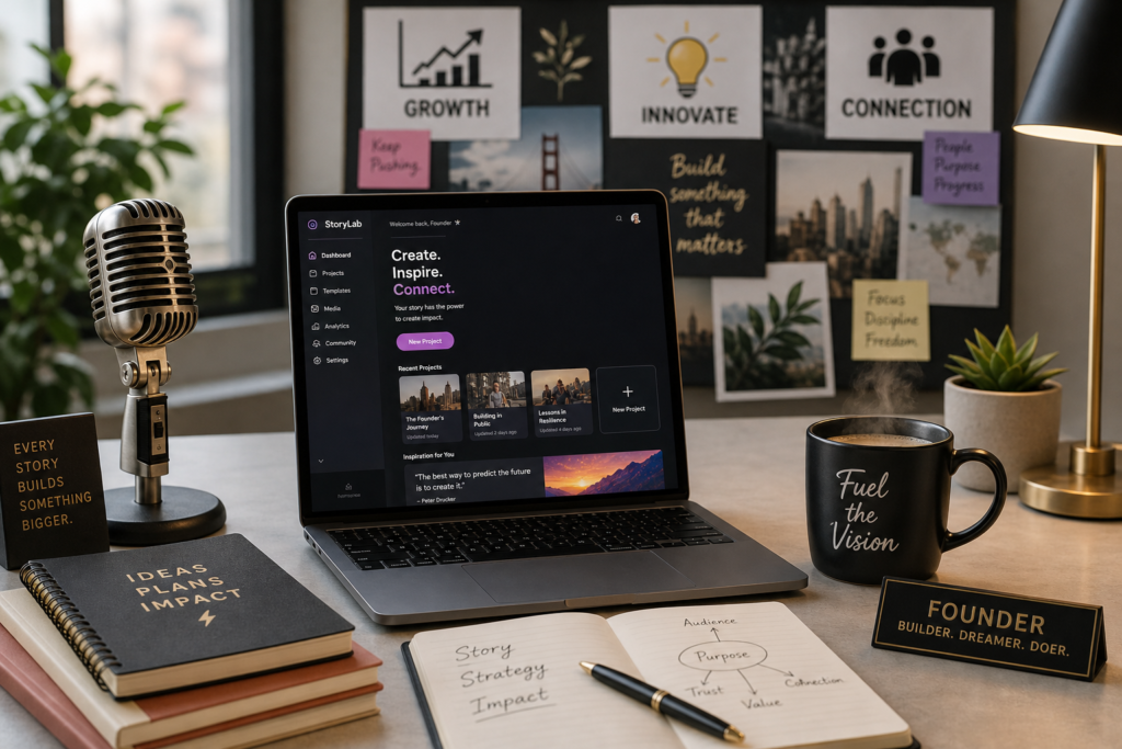 Sleek modern workspace with a laptop open to a content creation platform, vintage mic, notebooks, and coffee; turn founder story into a content series.