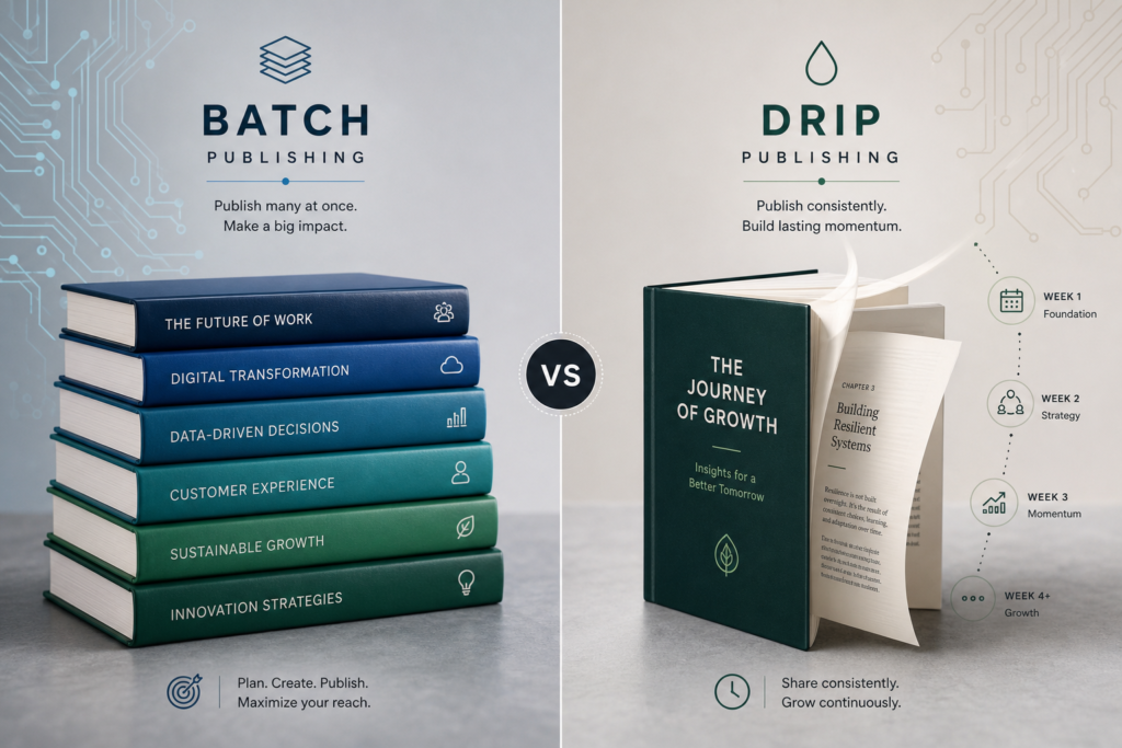 Split-screen image: Left side shows neatly stacked books in blue and green, symbolizing 'Batch' publishing strategy; right side features a single book with turning pages, representing 'Drip' strategy, set against a tech-inspired background.