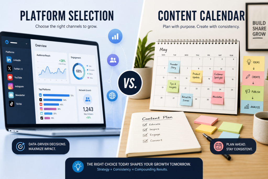 Split-screen image comparing platform selection and content calendar templates for founders, featuring digital icons and planning tools.