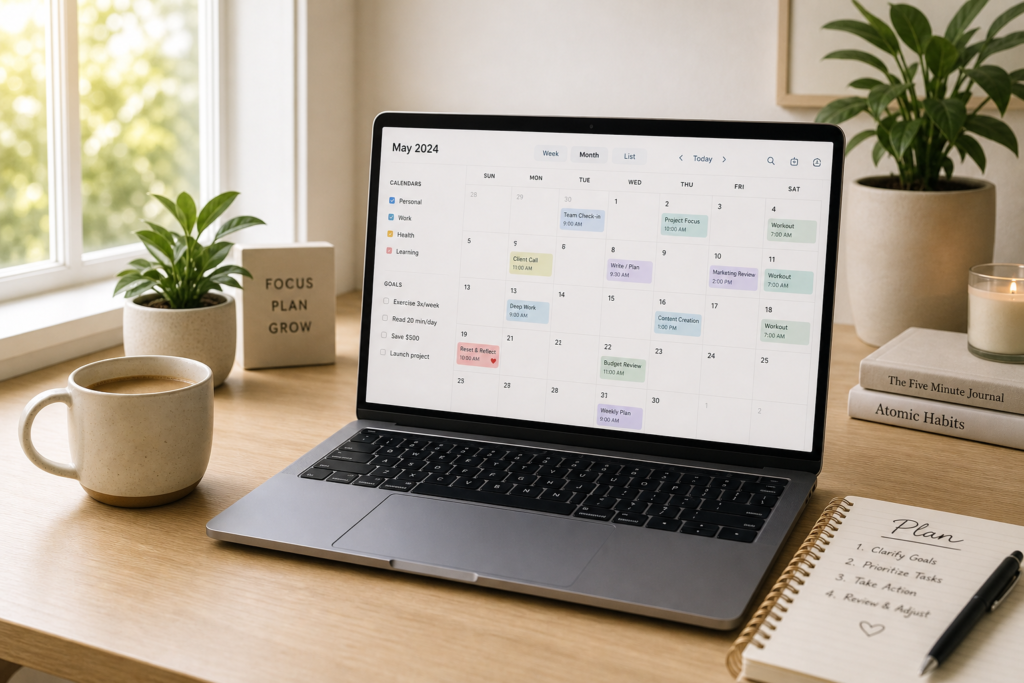 Minimalist workspace with a laptop open to a digital planner, coffee, plant, and natural light. Ideal for resetting when you miss your posting schedule.