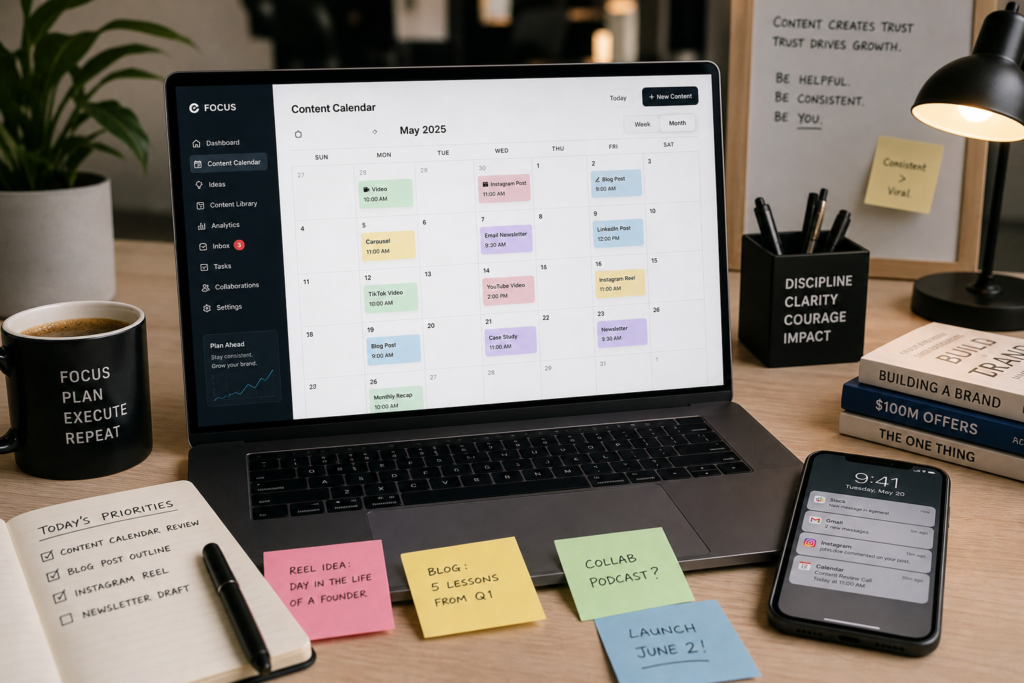 Modern workspace with a laptop open to a digital content calendar, sticky notes, coffee, and smartphone, capturing a founder's busy content planning.
