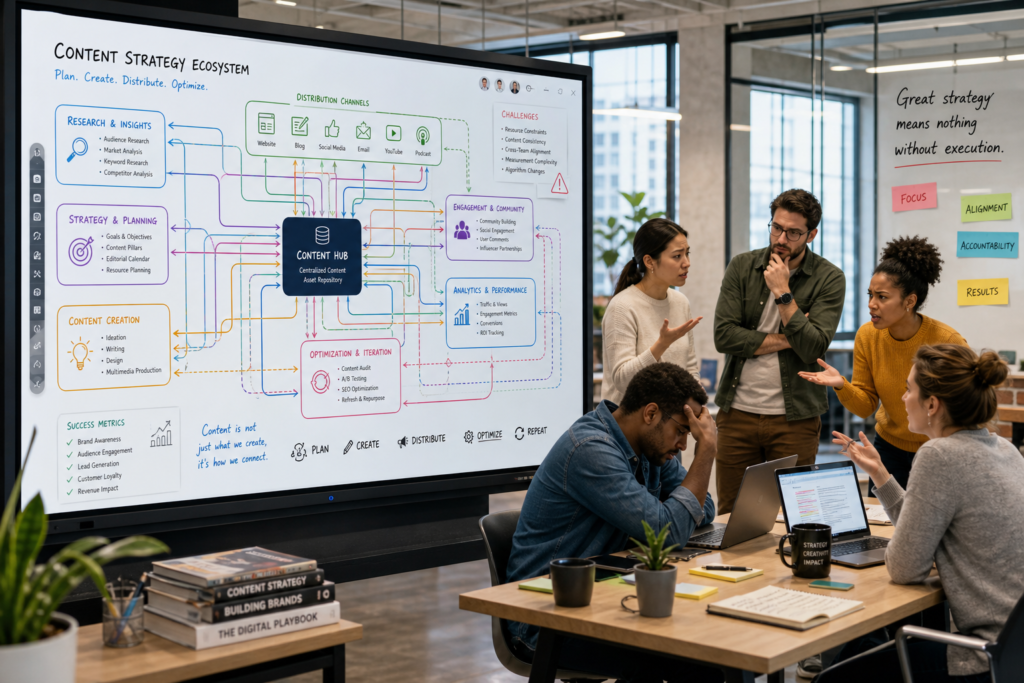 Sleek modern office with a digital whiteboard displaying a complex content strategy flowchart; professionals discuss execution challenges.