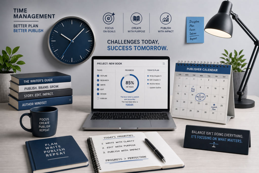 Modern desk with a sleek clock, stylized calendar, and digital notepad, illustrating why founders struggle with consistent publishing.