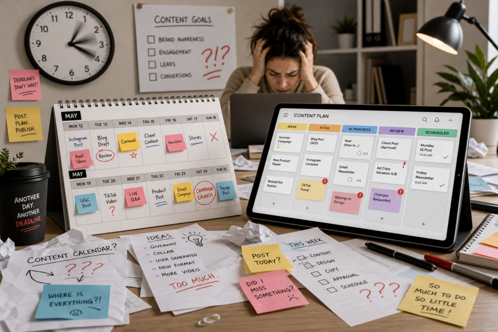 Disorganized desk with scattered papers, a flipped calendar, and a chaotic content planning app on a tablet; content calendar keeps failing after two weeks.